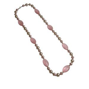 Pink Oval Bead Faux Pearl Necklace Vintage Jewelry Lobster Clasp Beige Accents